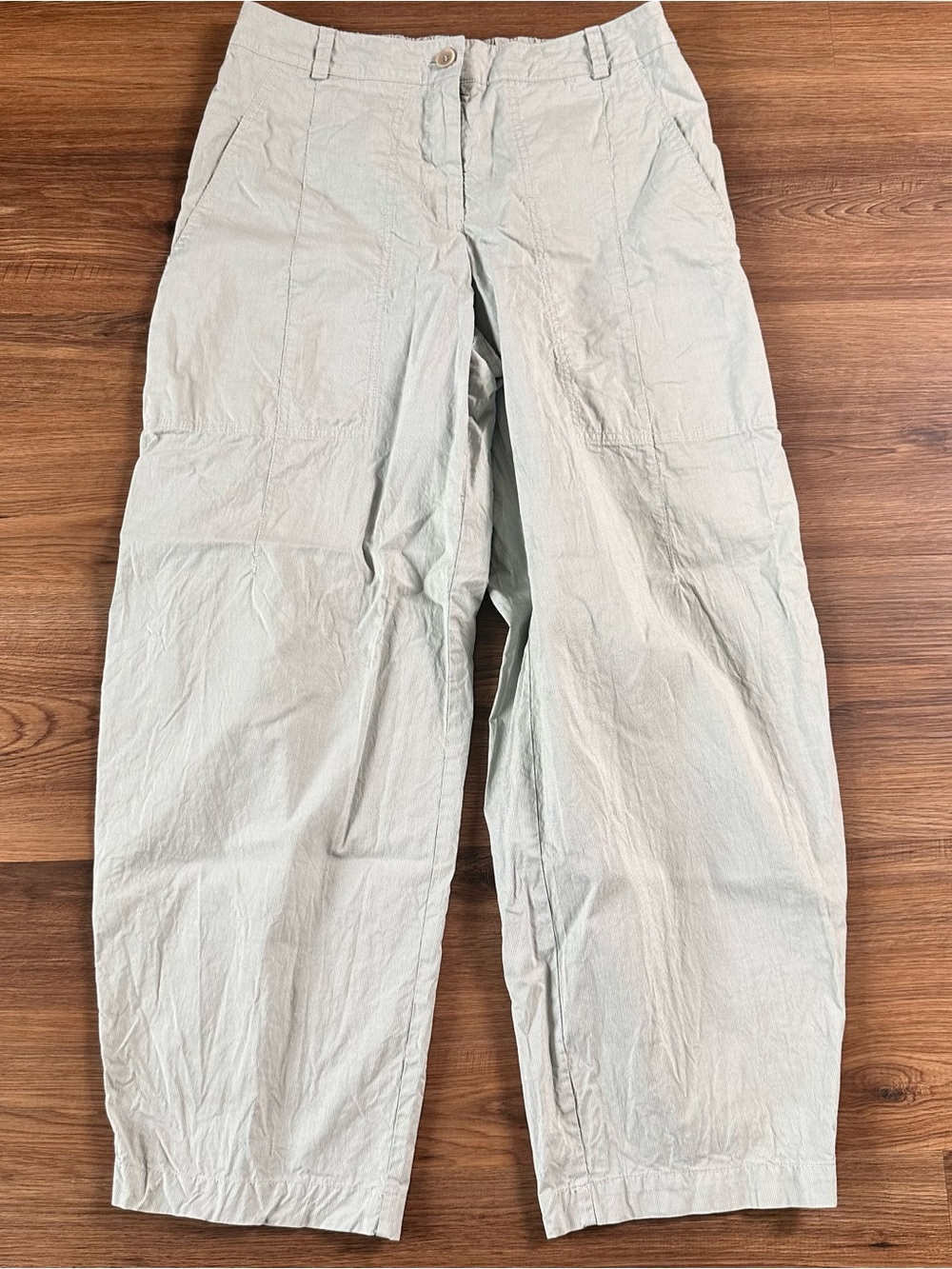 OSKA Trousers Size 2 US 8/10 Green Pinstripe Wide Leg Barrel Balloon Cotton Pant